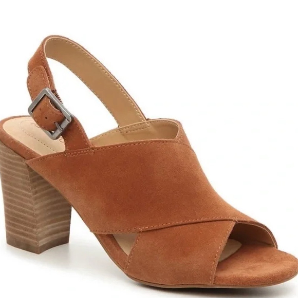 ADAM TUCKER Maya Brown Suede Sandals Chris Cross Strapy Block Heel Size 7.5 EUC